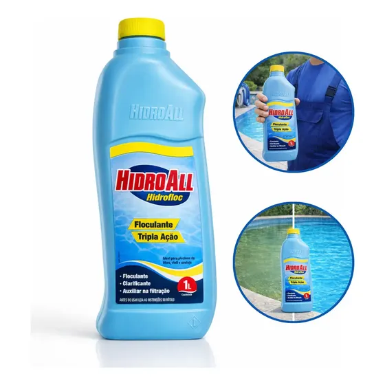 Clarificante Floculante Piscina 1l Hidrofloc Hidroall Tripla Ação Azul